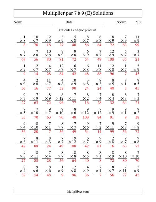 Multiplier (1 à 12) par 7 à 9 (100 Questions) (E) page 2