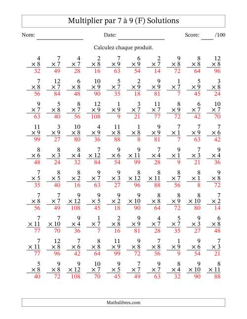 Multiplier (1 à 12) par 7 à 9 (100 Questions) (F) page 2