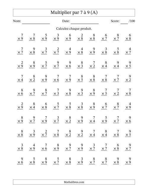 Multiplier (2 à 9) par 7 à 9 (100 Questions) (A)