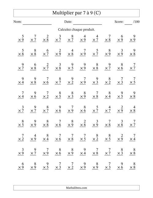 Multiplier (2 à 9) par 7 à 9 (100 Questions) (C)