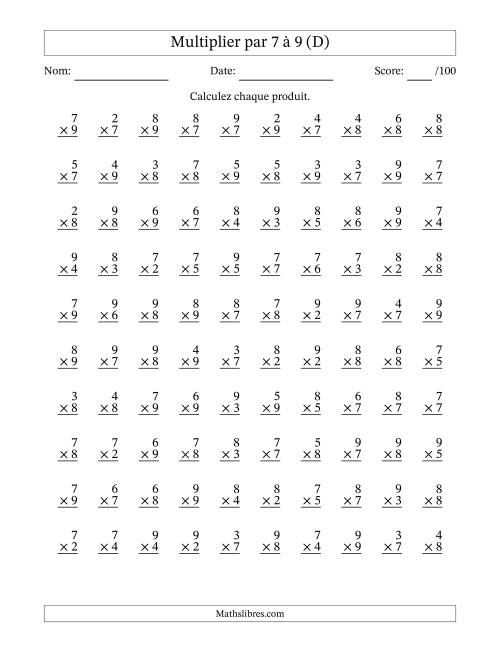 Multiplier (2 à 9) par 7 à 9 (100 Questions) (D)