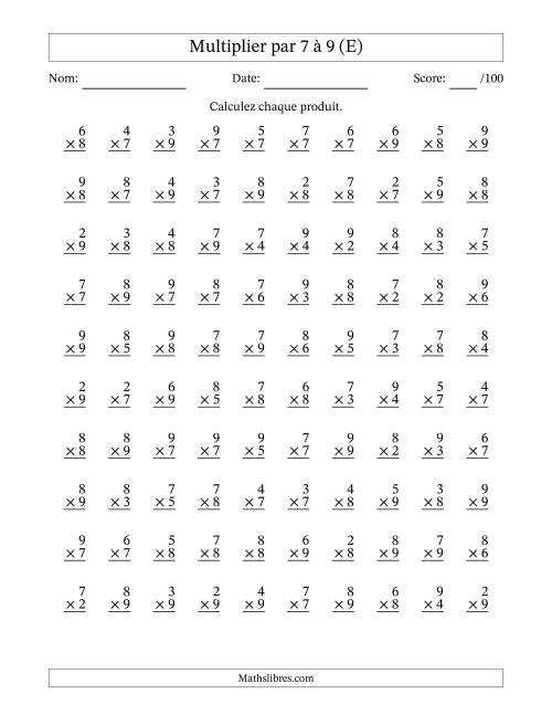 Multiplier (2 à 9) par 7 à 9 (100 Questions) (E)