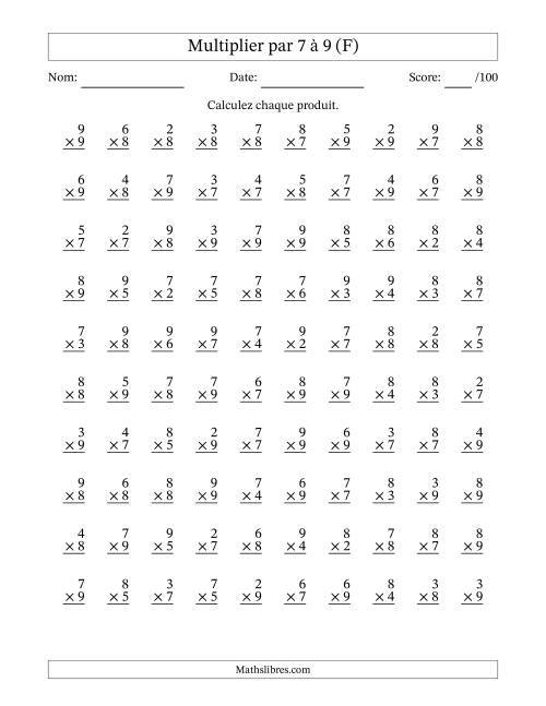 Multiplier (2 à 9) par 7 à 9 (100 Questions) (F)