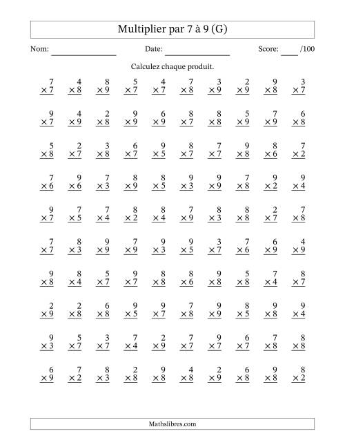 Multiplier (2 à 9) par 7 à 9 (100 Questions) (G)