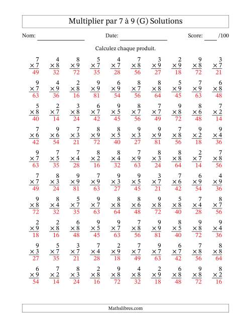 Multiplier (2 à 9) par 7 à 9 (100 Questions) (G) page 2