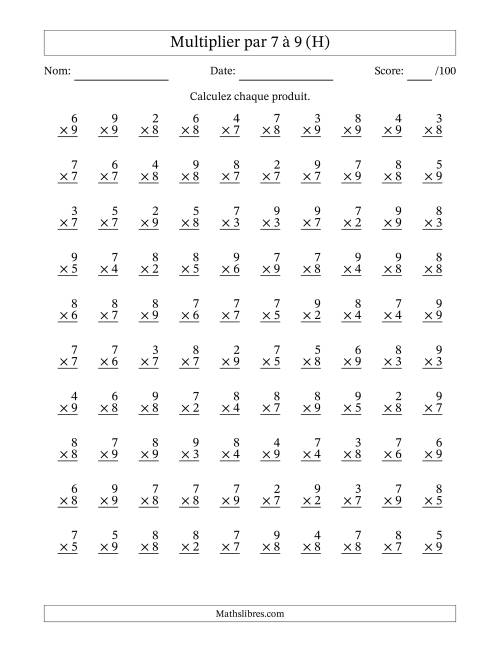 Multiplier (2 à 9) par 7 à 9 (100 Questions) (H)