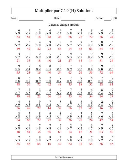 Multiplier (2 à 9) par 7 à 9 (100 Questions) (H) page 2