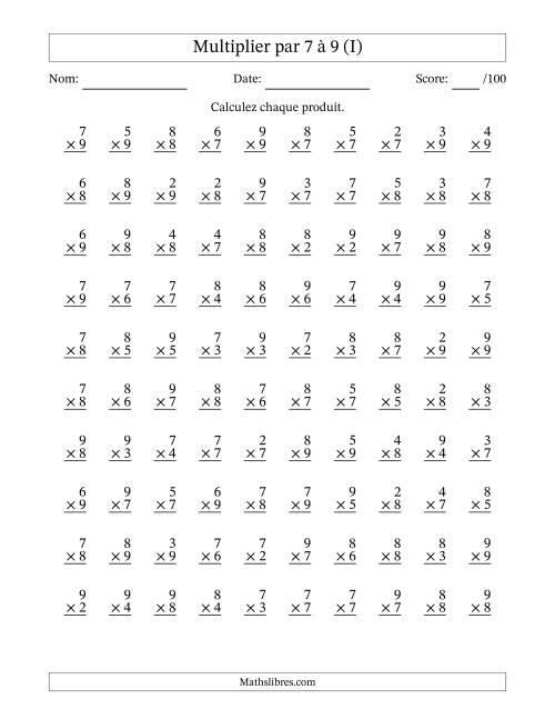 Multiplier (2 à 9) par 7 à 9 (100 Questions) (I)