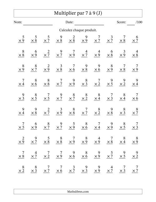 Multiplier (2 à 9) par 7 à 9 (100 Questions) (J)