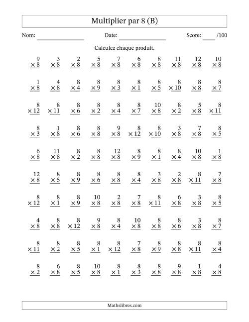 Multiplier (1 à 12) par 8 (100 Questions) (B)