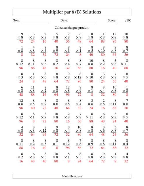 Multiplier (1 à 12) par 8 (100 Questions) (B) page 2