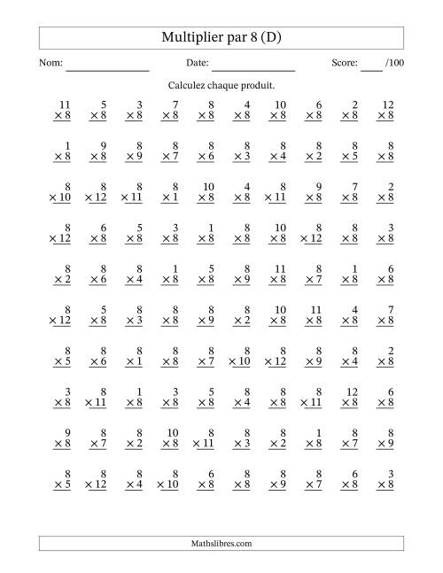 Multiplier (1 à 12) par 8 (100 Questions) (D)