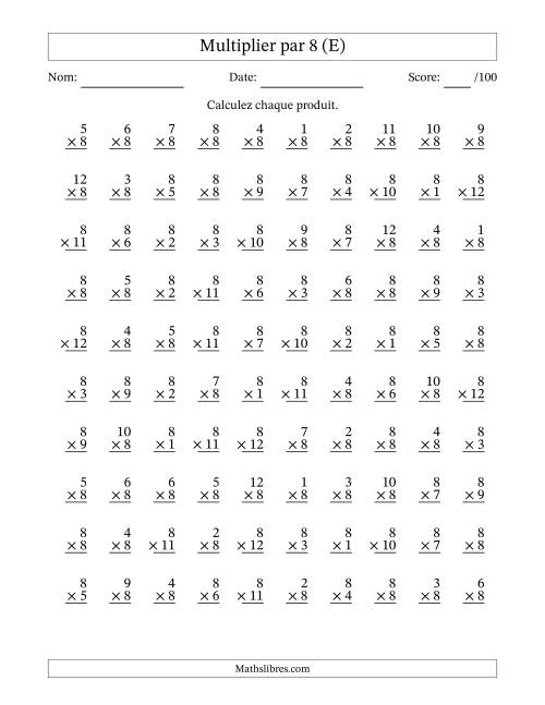 Multiplier (1 à 12) par 8 (100 Questions) (E)