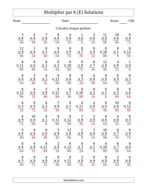 Multiplier (1 à 12) par 8 (100 Questions) (E) page 2