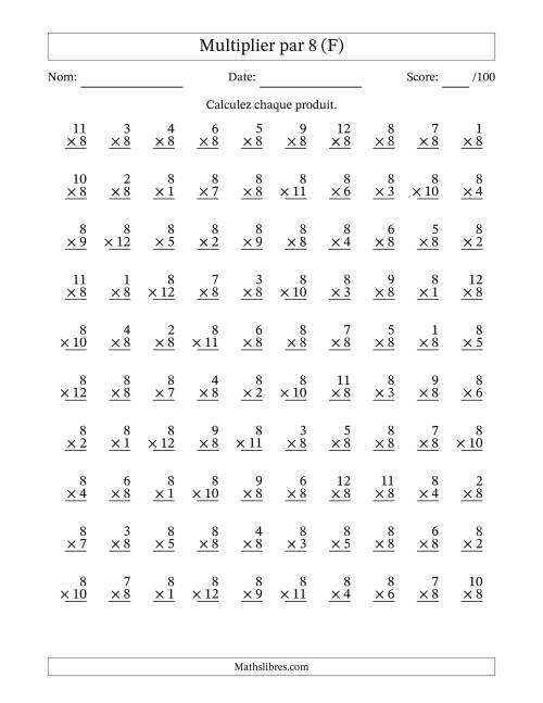 Multiplier (1 à 12) par 8 (100 Questions) (F)