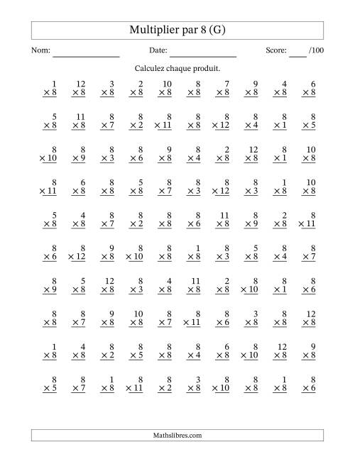 Multiplier (1 à 12) par 8 (100 Questions) (G)