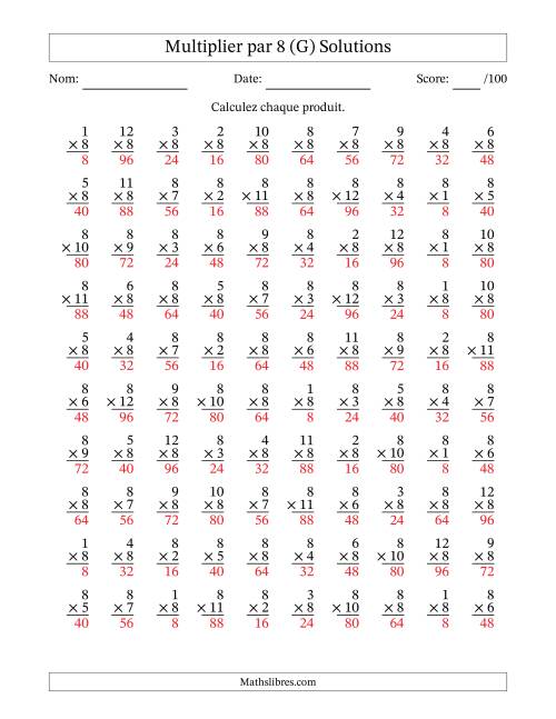 Multiplier (1 à 12) par 8 (100 Questions) (G) page 2