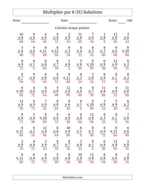 Multiplier (1 à 12) par 8 (100 Questions) (H) page 2