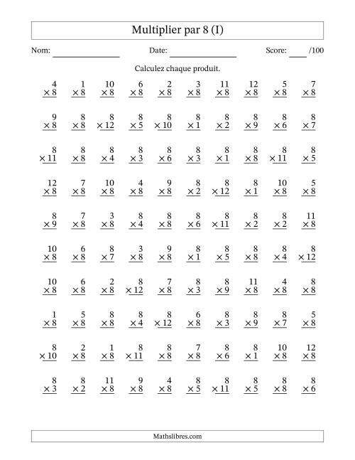 Multiplier (1 à 12) par 8 (100 Questions) (I)