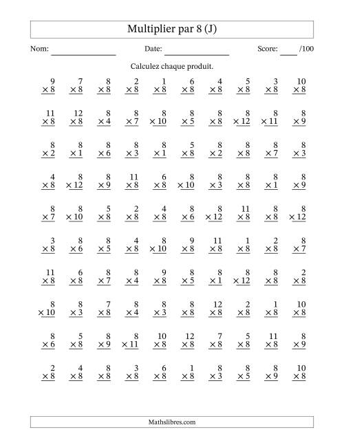Multiplier (1 à 12) par 8 (100 Questions) (J)