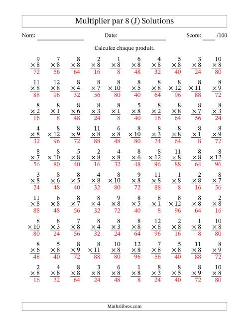 Multiplier (1 à 12) par 8 (100 Questions) (J) page 2