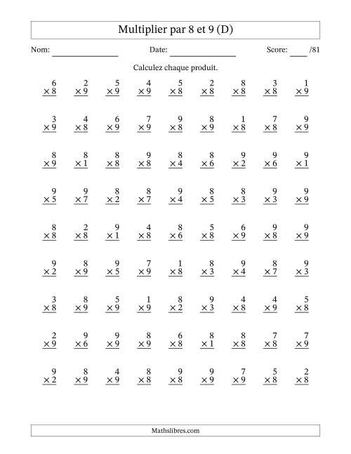 Multiplier (1 à 9) par 8 et 9 (81 Questions) (D)