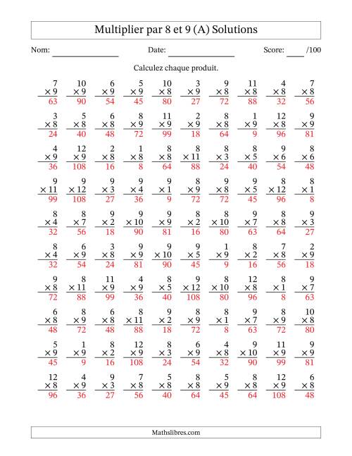 Multiplier (1 à 12) par 8 et 9 (100 Questions) (A) page 2