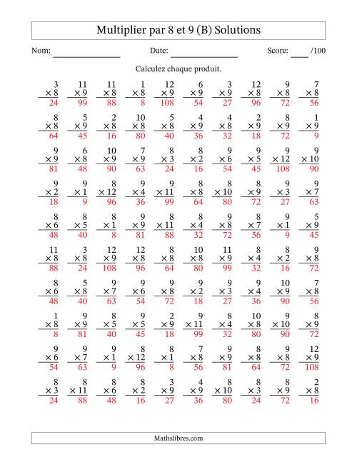 Multiplier (1 à 12) par 8 et 9 (100 Questions) (B) page 2