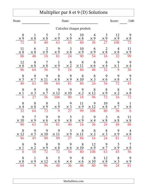 Multiplier (1 à 12) par 8 et 9 (100 Questions) (D) page 2