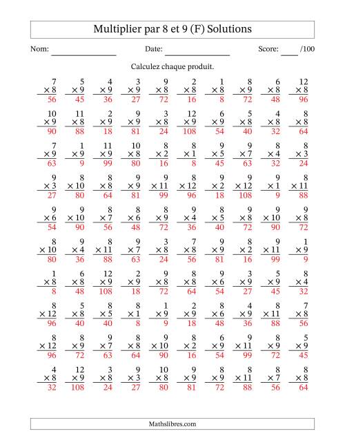 Multiplier (1 à 12) par 8 et 9 (100 Questions) (F) page 2