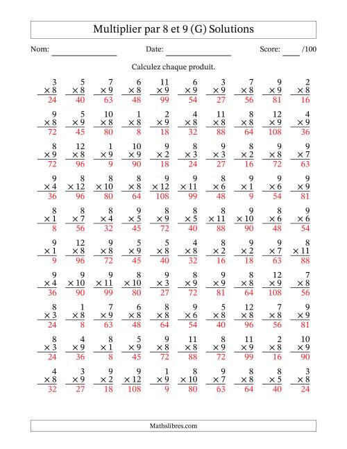 Multiplier (1 à 12) par 8 et 9 (100 Questions) (G) page 2