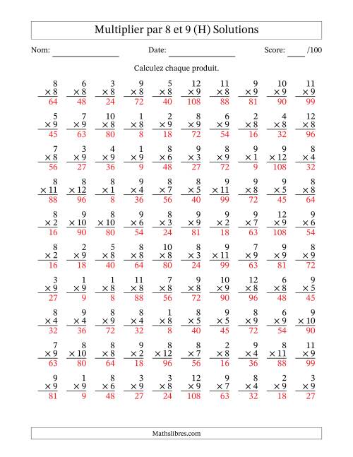 Multiplier (1 à 12) par 8 et 9 (100 Questions) (H) page 2