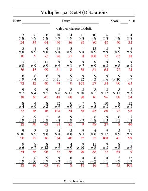 Multiplier (1 à 12) par 8 et 9 (100 Questions) (I) page 2