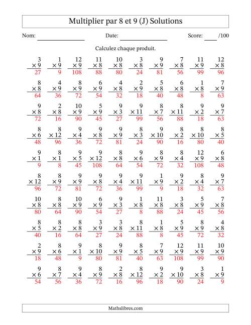 Multiplier (1 à 12) par 8 et 9 (100 Questions) (J) page 2