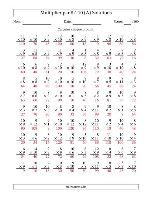 Multiplier (1 à 12) par 8 à 10 (100 Questions) (A) page 2