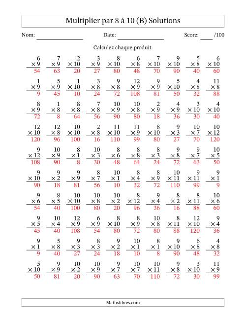 Multiplier (1 à 12) par 8 à 10 (100 Questions) (B) page 2