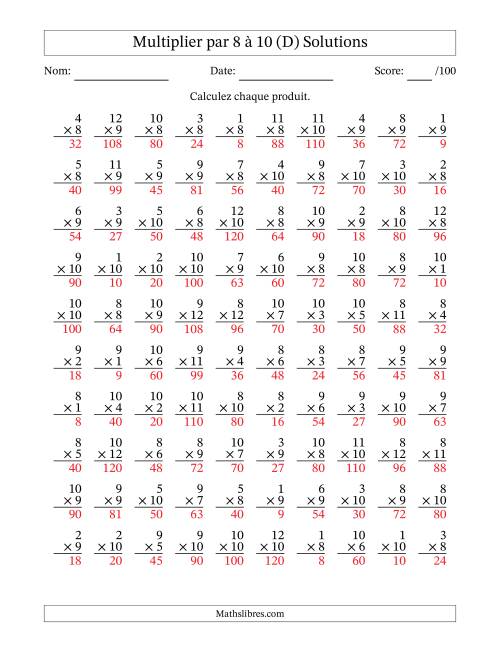 Multiplier (1 à 12) par 8 à 10 (100 Questions) (D) page 2