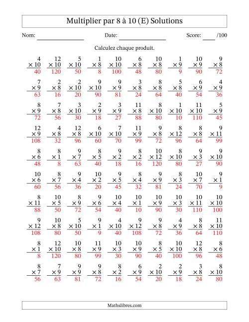 Multiplier (1 à 12) par 8 à 10 (100 Questions) (E) page 2