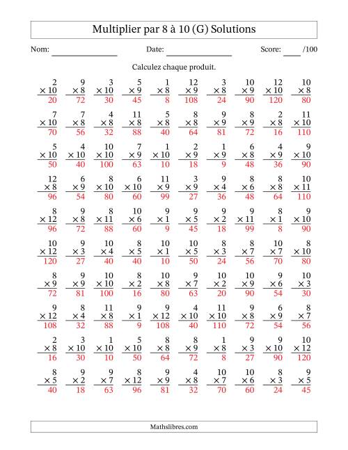 Multiplier (1 à 12) par 8 à 10 (100 Questions) (G) page 2