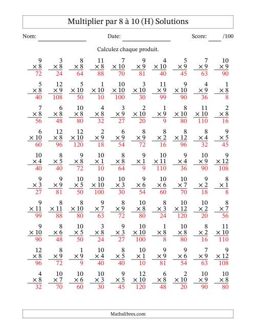 Multiplier (1 à 12) par 8 à 10 (100 Questions) (H) page 2