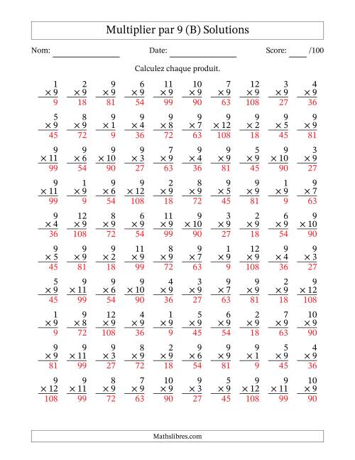 Multiplier (1 à 12) par 9 (100 Questions) (B) page 2