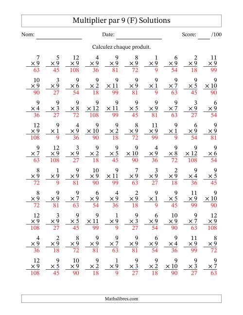 Multiplier (1 à 12) par 9 (100 Questions) (F) page 2