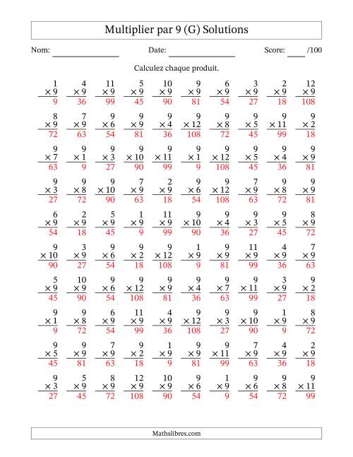 Multiplier (1 à 12) par 9 (100 Questions) (G) page 2