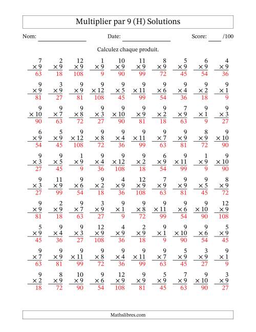 Multiplier (1 à 12) par 9 (100 Questions) (H) page 2