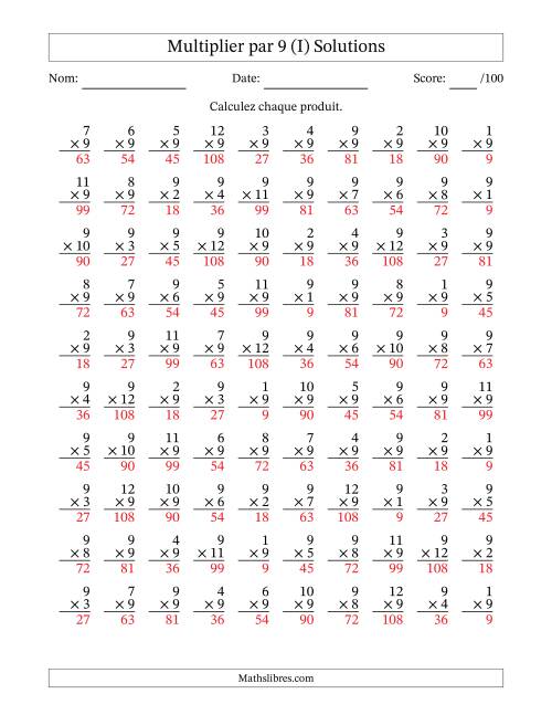 Multiplier (1 à 12) par 9 (100 Questions) (I) page 2