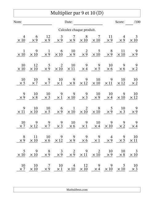 Multiplier (1 à 12) par 9 et 10 (100 Questions) (D)