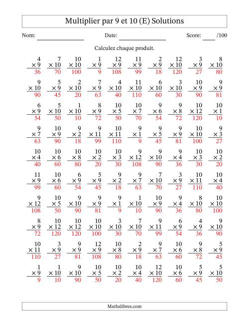 Multiplier (1 à 12) par 9 et 10 (100 Questions) (E) page 2