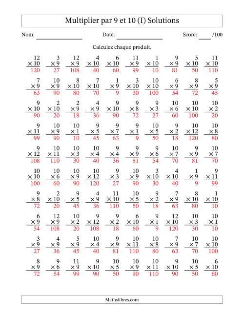 Multiplier (1 à 12) par 9 et 10 (100 Questions) (I) page 2