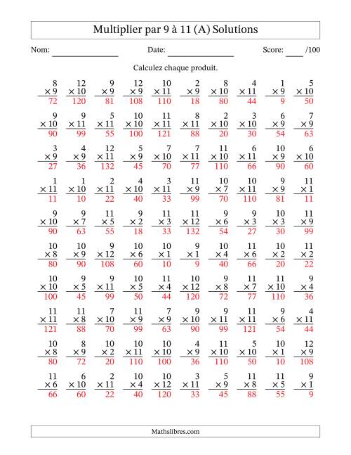 Multiplier (1 à 12) par 9 à 11 (100 Questions) (A) page 2