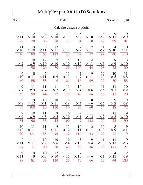 Multiplier (1 à 12) par 9 à 11 (100 Questions) (D) page 2